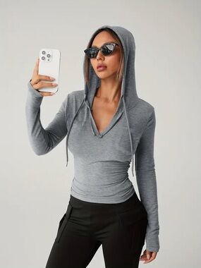 Victoria's Secret Light Gray Hooded Pullover V neck Sweatshirt